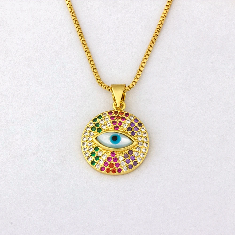 

Hot Sale Rainbow Evil Eye Shape Pendant Necklace Women Luxury Crystal Statement Necklace Copper Zircon Round Chokers Jewelry