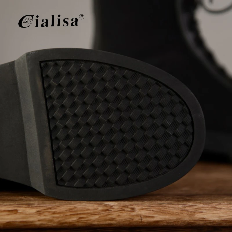 

CIALISA Women Shoes Genuine Leather Round Toe Mid Heel Ankle Boots Lace Up 2020 Fashion Autumn Winter Patchwork Black Boot