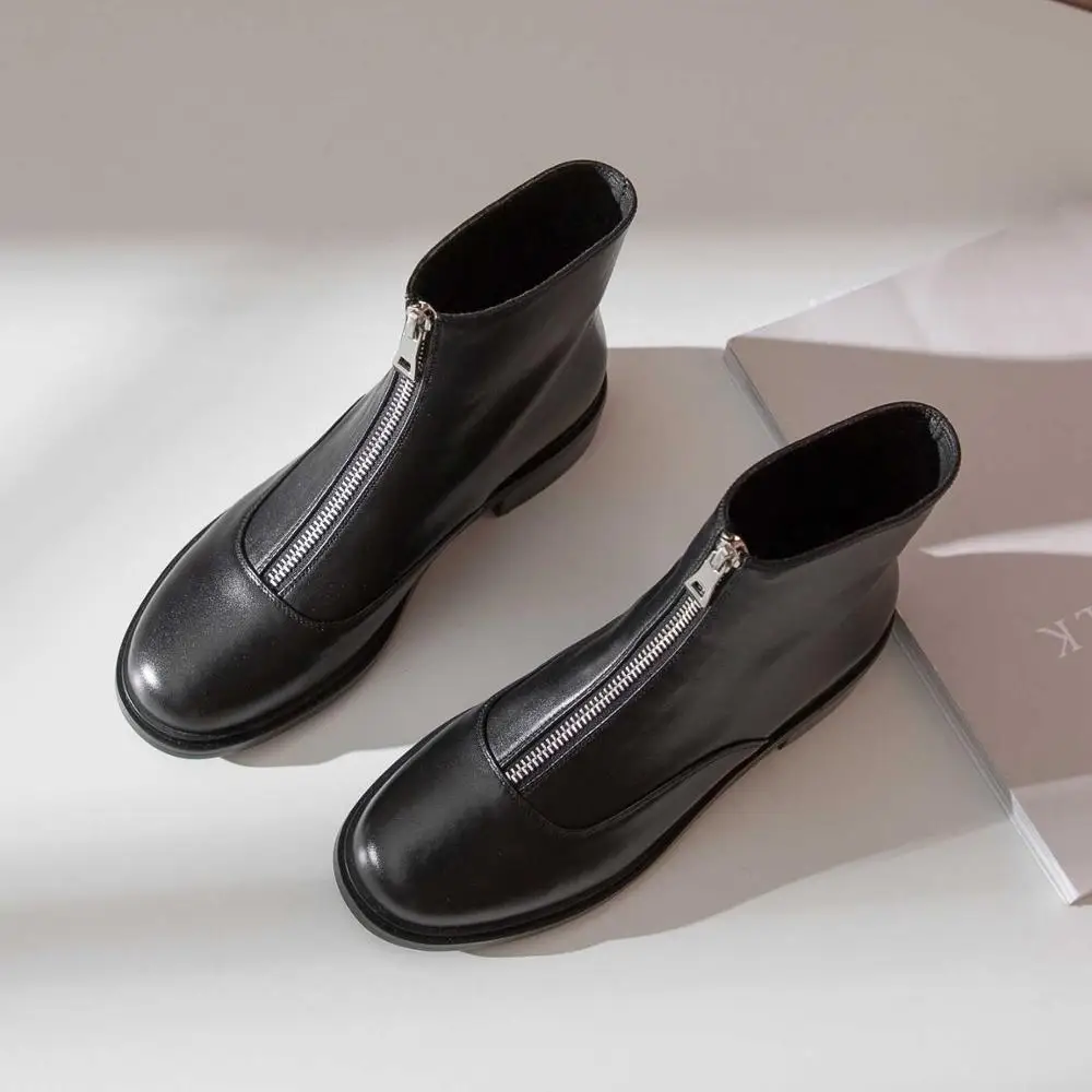 krazing pot winter warm leisure simple style genuine leather solid round toe low heels women fashion Zipper punk ankle boots L00