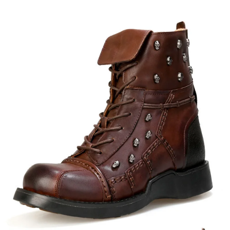 

European/American leather skull locomotive military boots waterproof casual Martin boots men's warm tooling boots steampunk boot