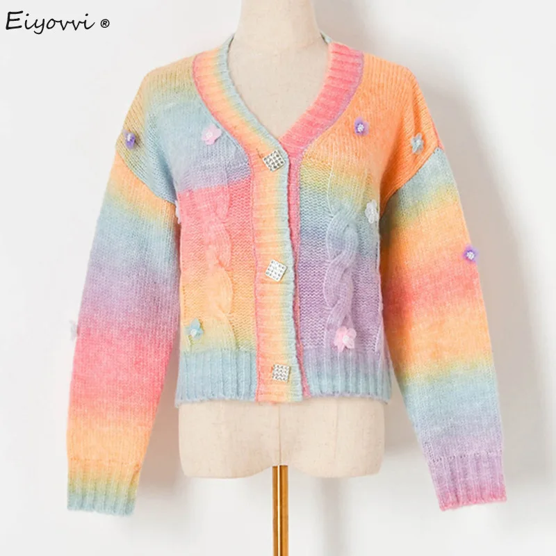 

Autumn Winter Cardigans Women New Rainbow Color Thick Needle Beaded Flowers Loose Vintage Fashion Knitted Sweater Cardigan