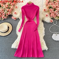 alphalmoda solid color turtle neck long sleeved pleated elegant women knitted dress autumn winter all matching bottom dress