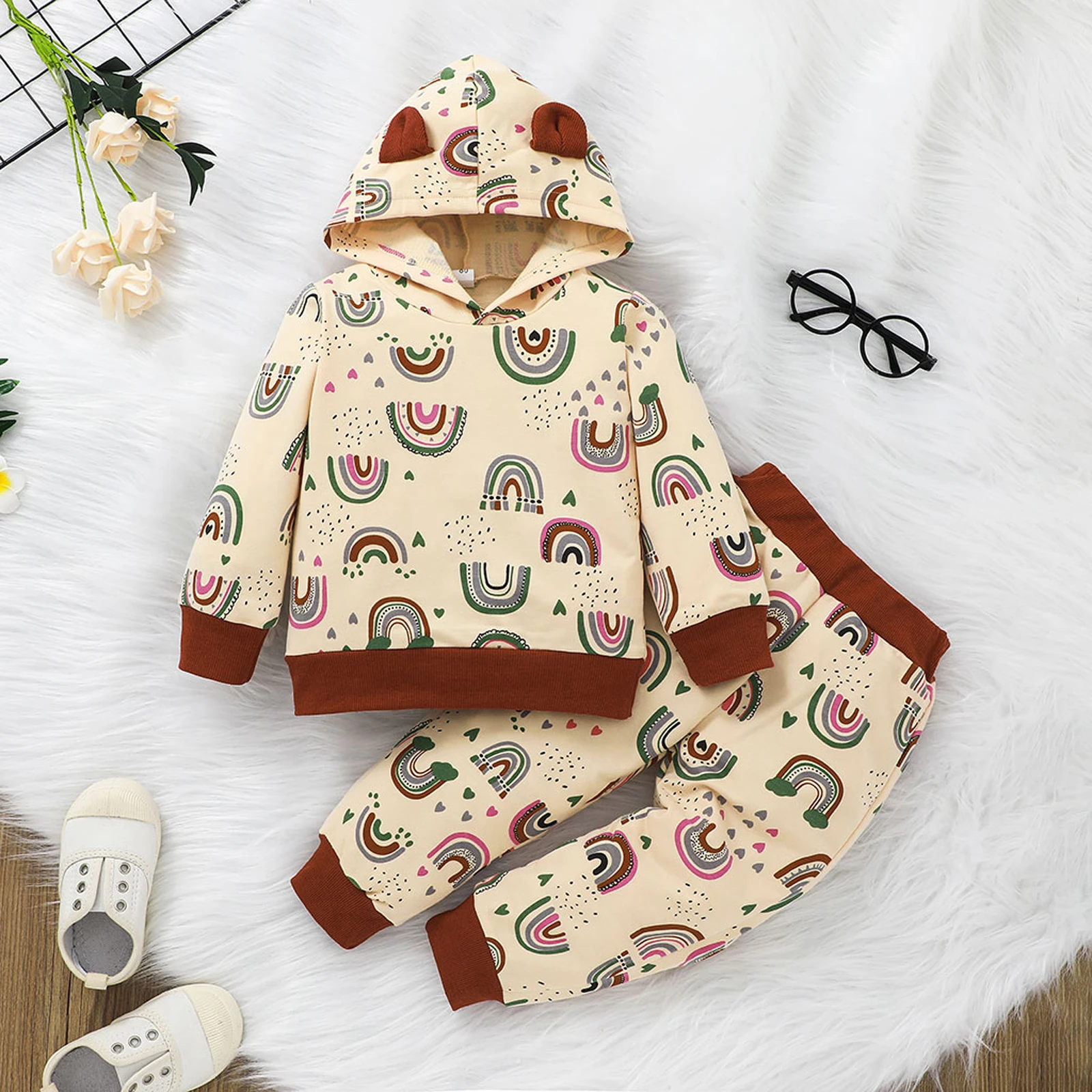 

2 Pcs Toddler Color Block Outfits, Girls Rainbow Print Long Sleeve Hooded Sweatshirt + Trousers