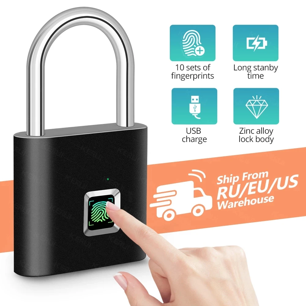 

KERUI Keyless USB Charging Fingerprint Lock Smart Padlock door lock 0.1sec Unlock Portable Anti-theft Fingerprint Padlock Zinc