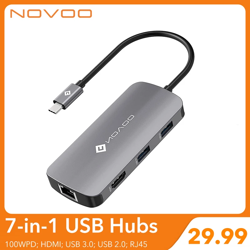

NOVOO USB C Hub 7 Ports Docking Station 100w Power Delivery USB 3.0 Adapter USB 2.0 Hubs to 4k HDMI RJ 45 100/1000Mbps Ethernet