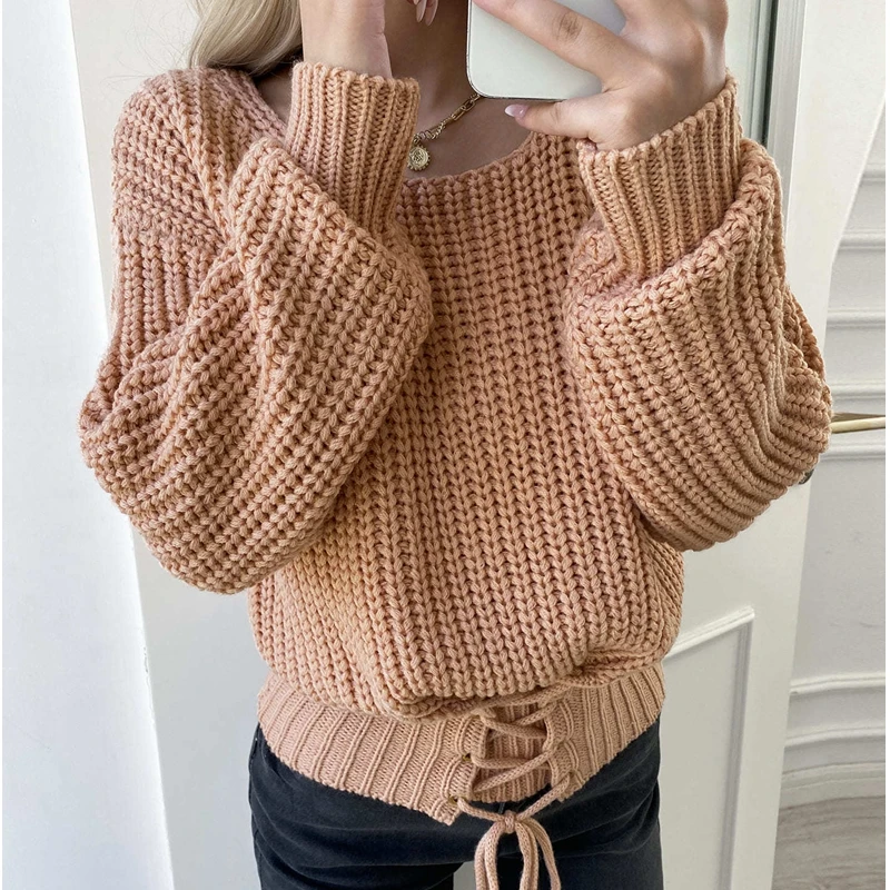 

Женский Однотонный свитер с длинным рукавом и круглым вырезом