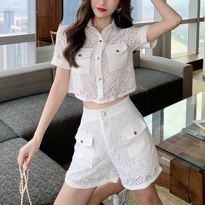 

2021 Summer Sweet Korean Two-piece Ladies Fashion Sexy Lace Perspective Embroidered Lapel Short Shirt Top + High Waist Wide Leg