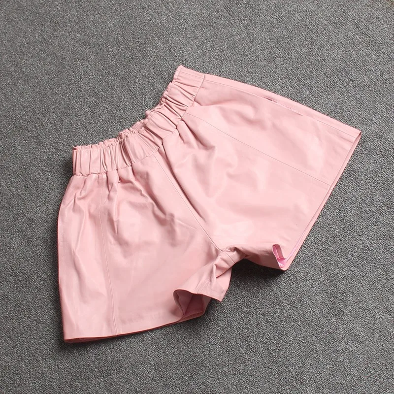 

High Quality Women Elastic Waist Wide Leg Short Pants 8 Colors Casual Streetwear Shorts Slim Fit Sheepskin Real Leather Shorts