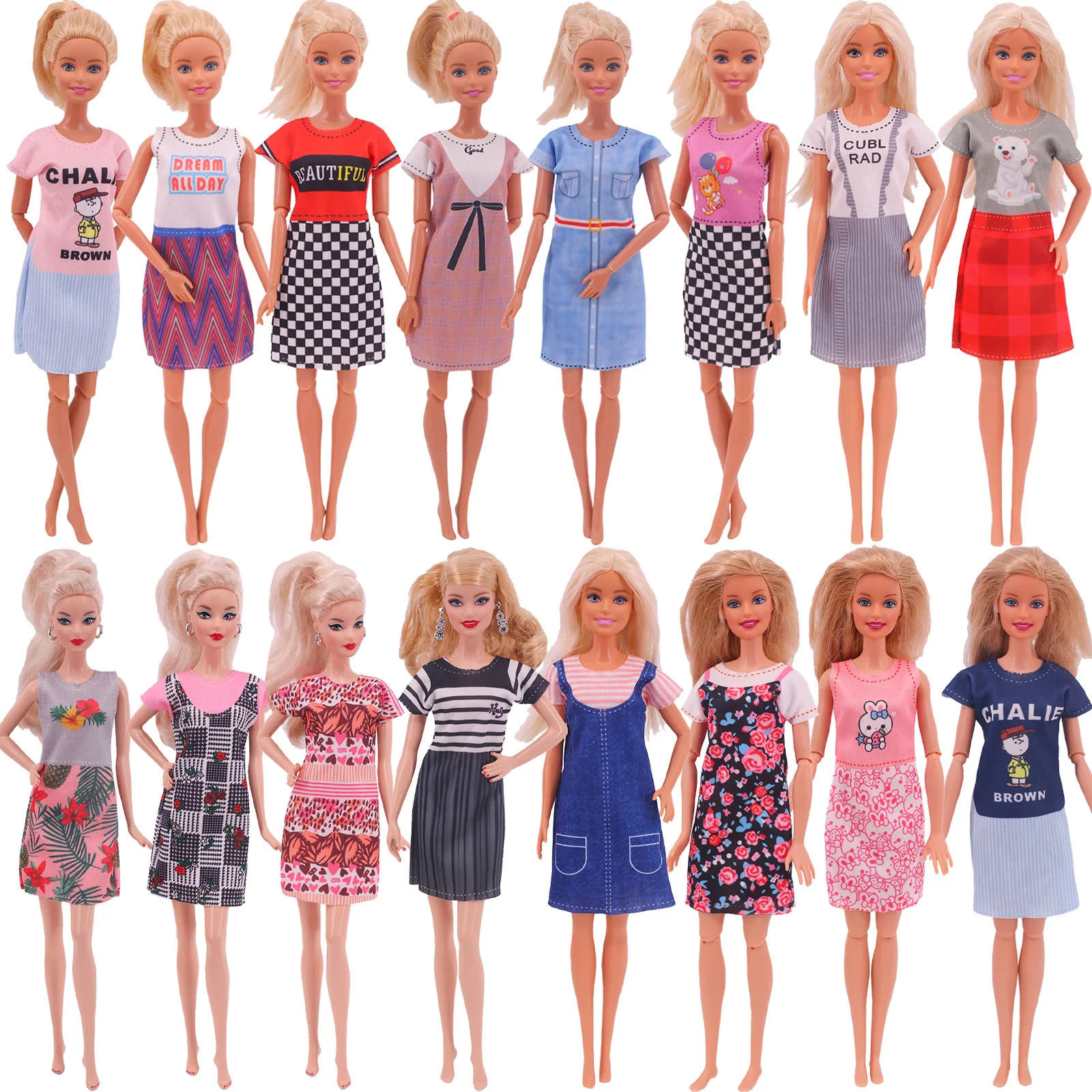 

Fashion multicolored clothes new shirt dress denim grid skirt casual everyday dress clothes for barbie doll accessories