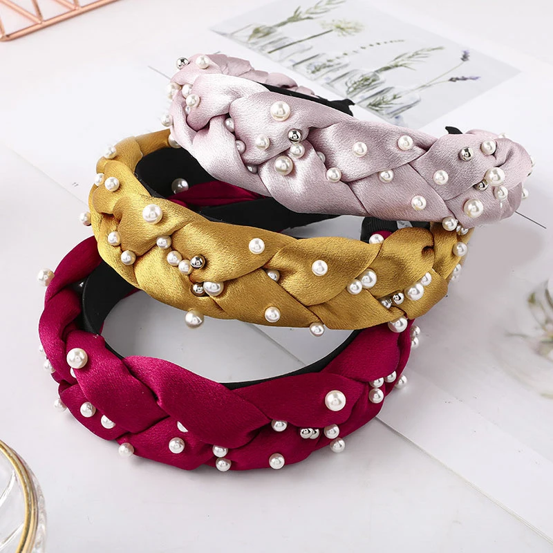 

Fashion Pearl Wide Headband Bezel Elastic Hairband Satin Braided Handmade Cross Knotted Head Hoop Solid Color Hair accessories
