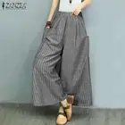 ZANZEA женские брюки больших размеров, повседневные, с карманами и брюки с широкими штанинами 2021 в винтажном стиле, в полоску, длинные штаны с принтом штаны с эластичным поясом-Палаццо 5XL