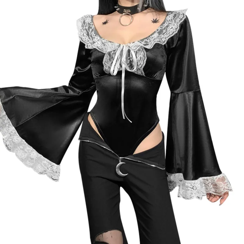 

Женский Повседневный комбидресс с длинным рукавом S модный однотонный кружевной отделкой короткий комбинезон с круглым вырезом