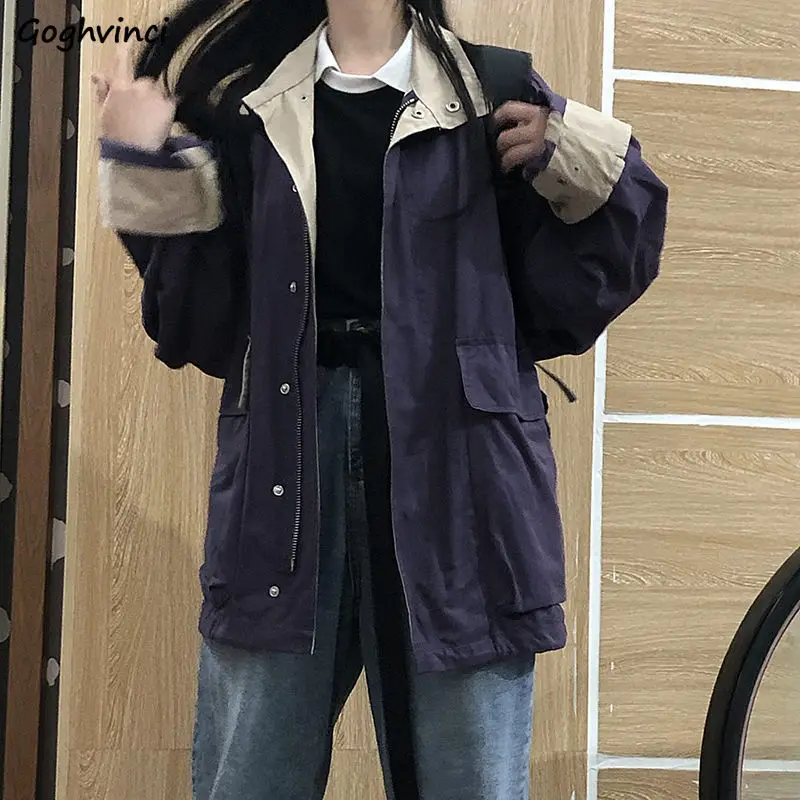 

Basic Jackets Women Patchwork Turn-down Collar Zipper Korean Style Students Streetwear Hip Hop Loose All-match Casual Chic Coats