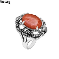 oval golden sequins stone finger rings for women antique silver plated rhinestone flower party ring jewelry tr712