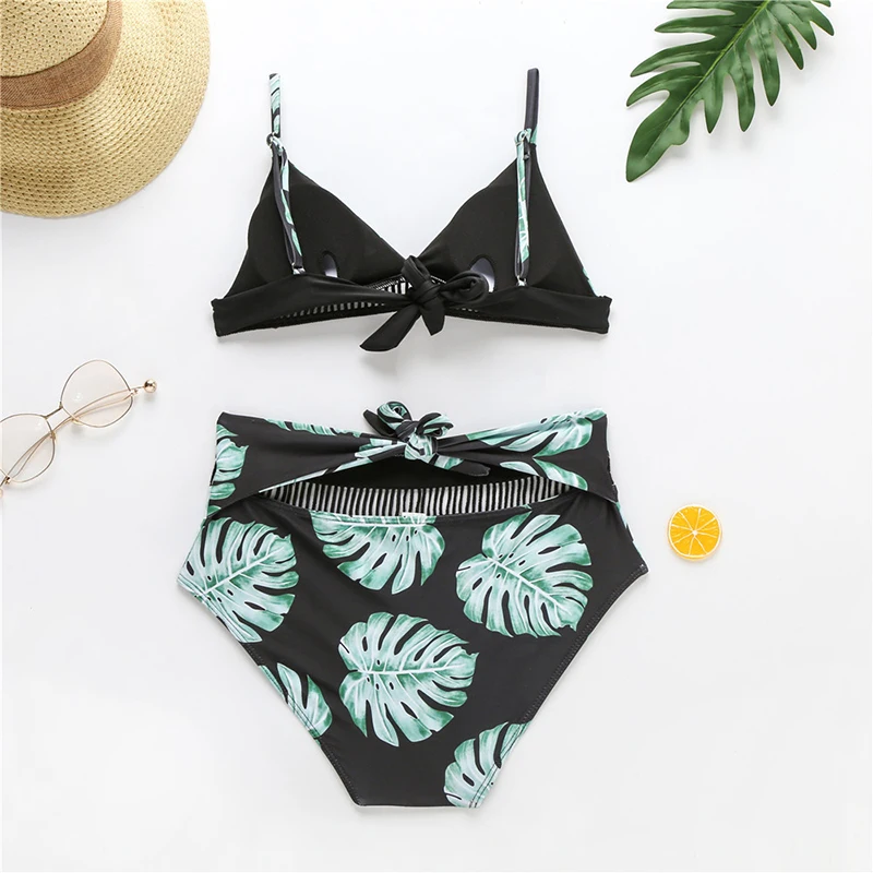 2020 комплект бикини с высокой талией купальник принтом зеленых листьев женский