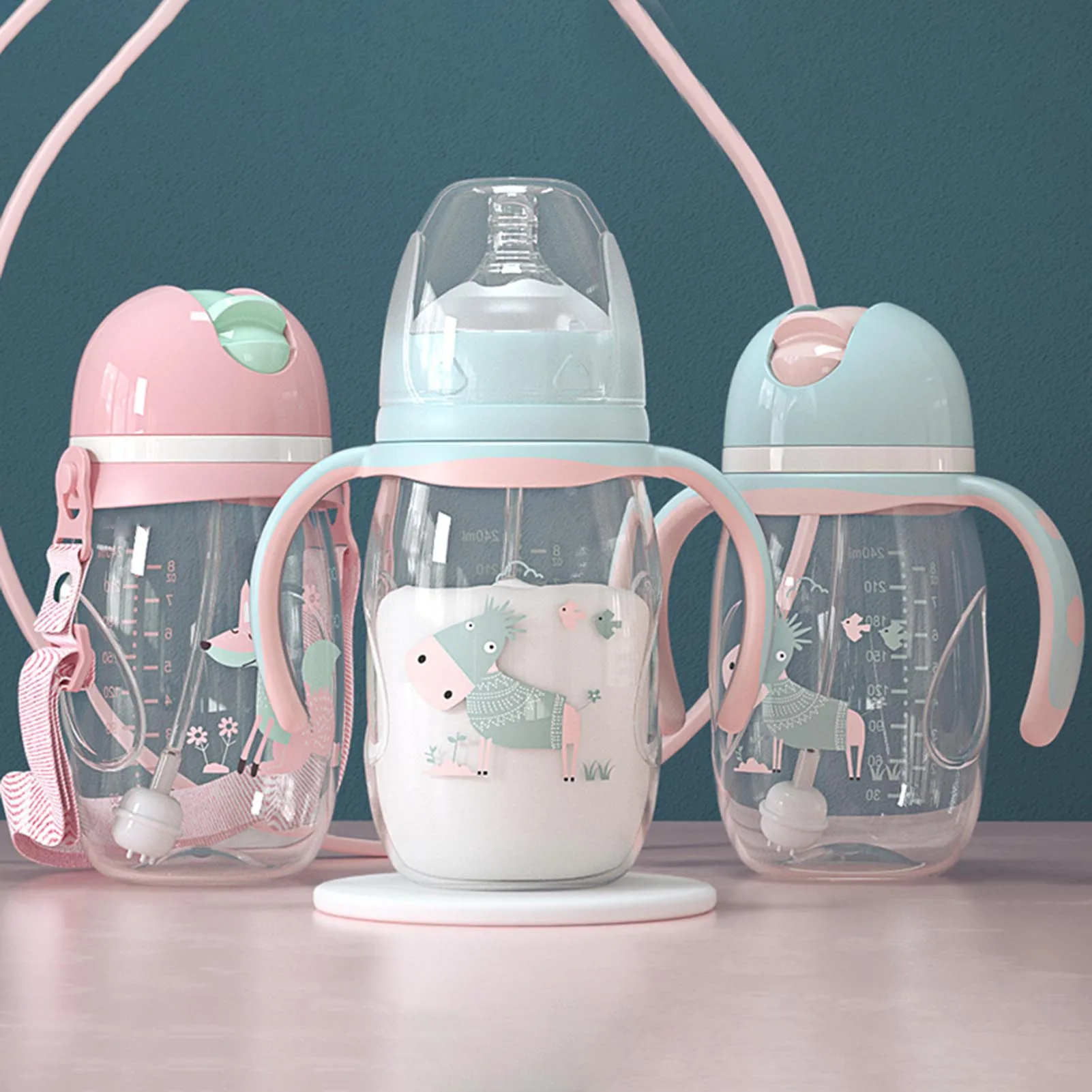 Biber&oacute;n con asa para beber para ni&ntilde;os reci&eacute;n nacidos, botella de paja para agua y zumo, taza de entrenamiento, 240/300ml-2