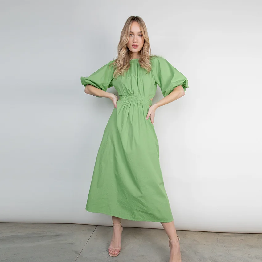 

DE0029 Waist Hollow Out Sexy Dresses Casual O-neck Puff Sleeve Solid Pullover Mid-Calf Dresses For Women vestidos mujer verano