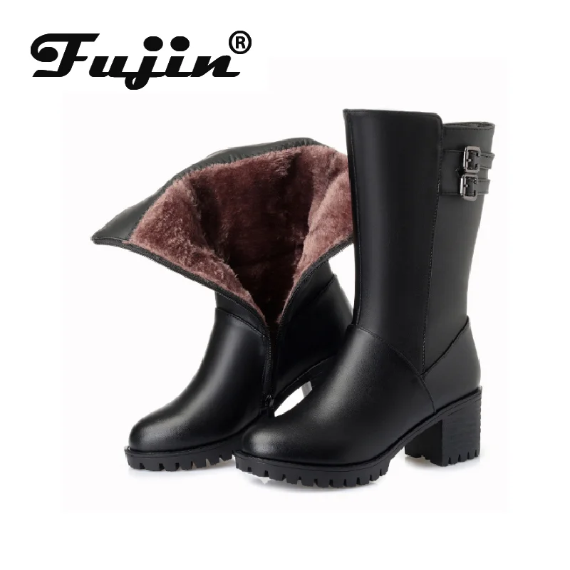 Fujin/зимние сапоги из шерсти Модная теплая обувь на меху с плоской подошвой молнии