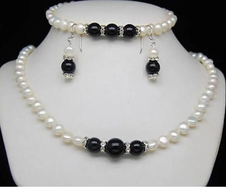 Jewelry Pearl Set NEW 7-8mm White Freshwater Black Agate Necklace Bracelet Earrings Free Shipping | Украшения и аксессуары
