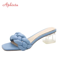 aphixta 5cm square heels slides women rope lattice peep toe women outside sippers shoes mujer elegant shoes