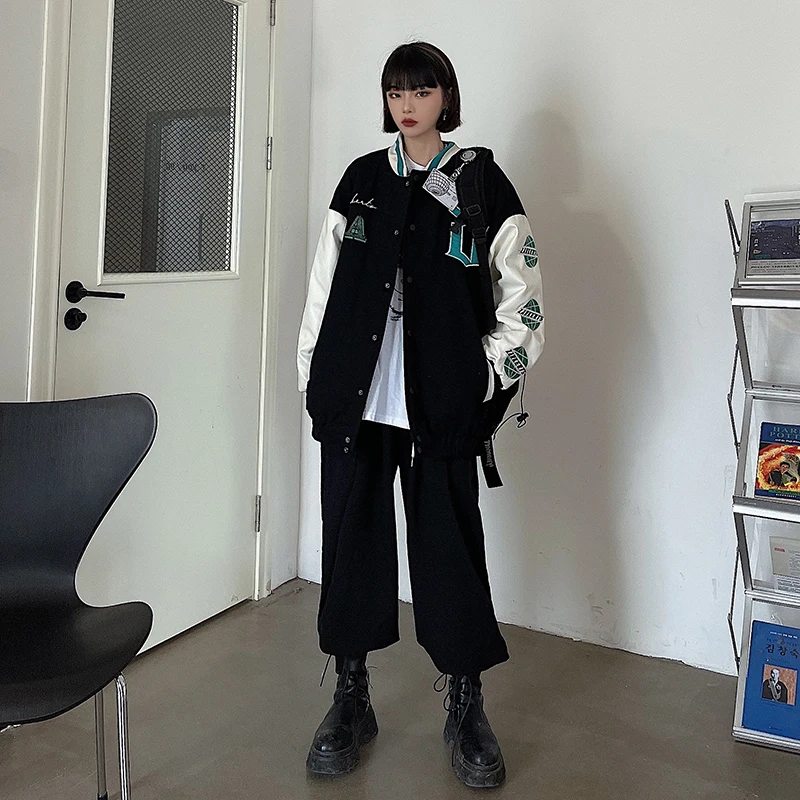

Women Spring Summer Baseball Uniform Female Loose Jacket Single Breasted Patchwork Coat Top for Students Girls