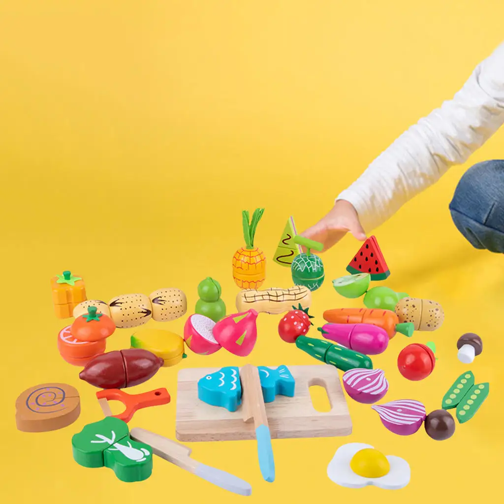 

31 Pieces Wood Fruits and Vegetables Cutting Toys Role Play Toy Kitchen Toy for Girls