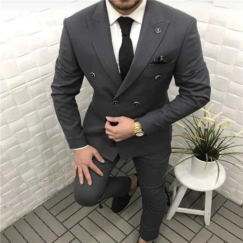

Gray Slim fit Men Suits Double Breasted for Wedding Groom Tuxedos Fashon Clothes 3 piece Business Set Jacket Vest with Pants