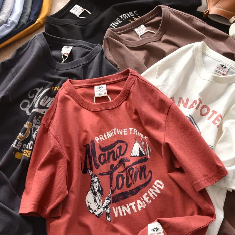 

2021 Summer New American Retro Short-sleeved Printed T-shirt Men's Fashion Pure Cotton Washed Old Casual Tops with Cloth Bag