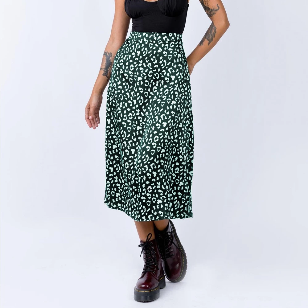

Винтажные длинные летние юбки с леопардовым принтом, Женская юбка с разрезом, Женская Повседневная Зеленая Пляжная Юбка Для Женщин