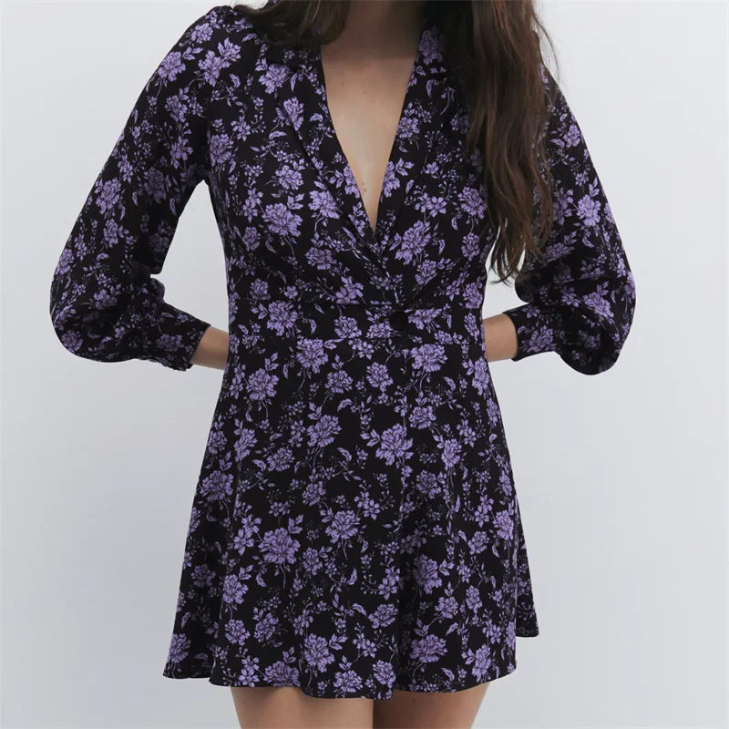 

ZXQJ Women 2021 Chic Fashion With Buttons Floral Print Playsuits Vintage Lapel Collar Long Sleeve Female Jumpsuits Mujer