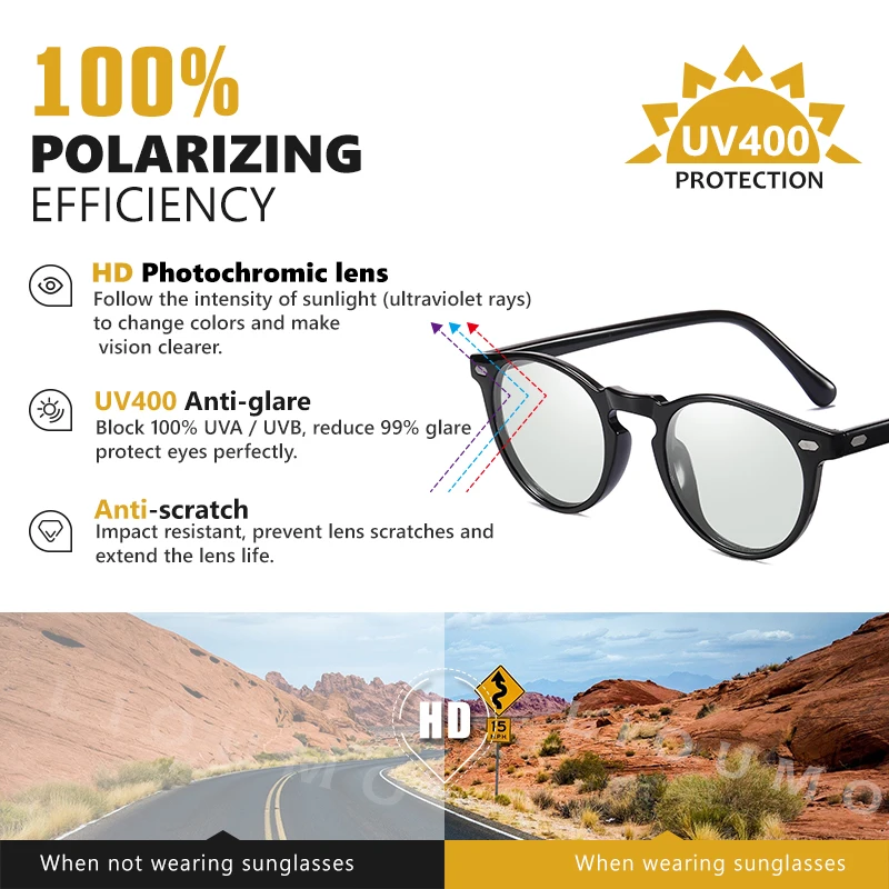 Ультралегкие поляризованные круглые фотохромные солнцезащитные очки TR90 новый