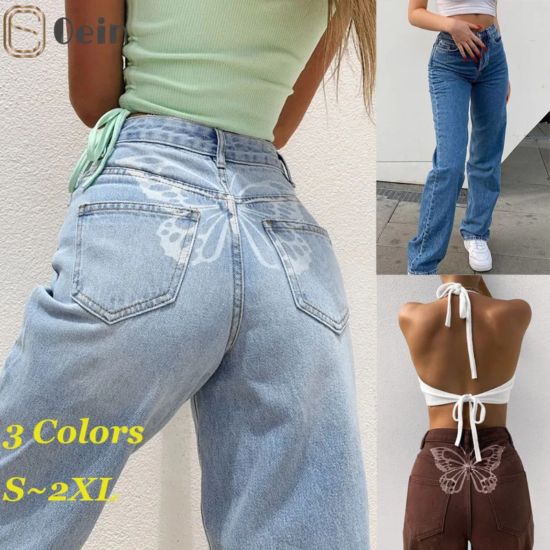 

Oein Hip Butterfly Print y2k Harajuku Fashion Jeans Women Streetwear Casual Baggy Straight High Waist Mom Denim Oversize