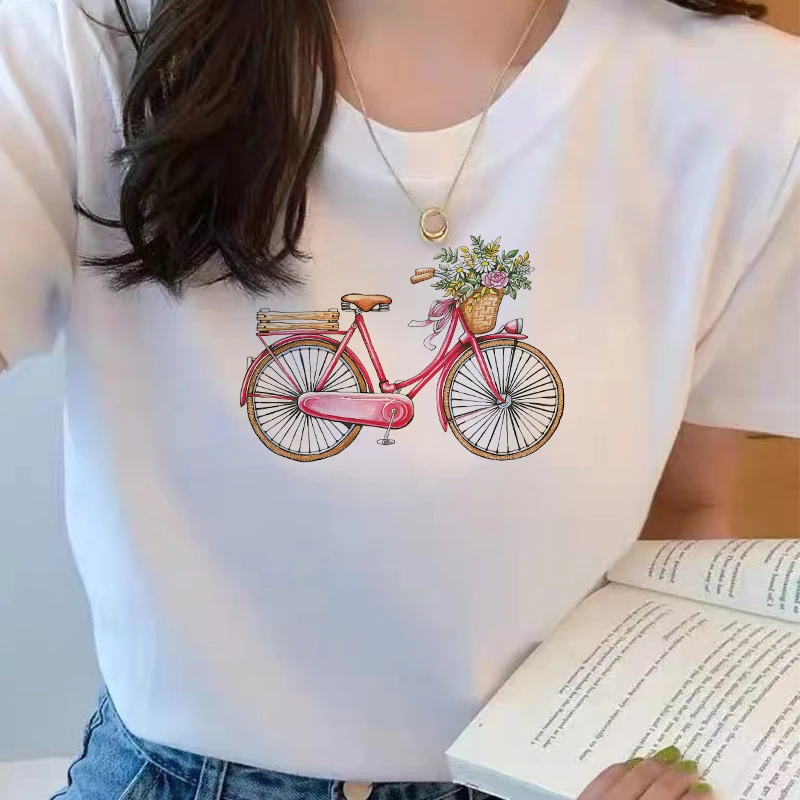 2021 Summer Bicycle Printed  Round Neck Short Sleeve Graphic Tees O-neck Cheap Tee 90s T-shirt Vintage Short Sleeve Cute Art Tee images - 6