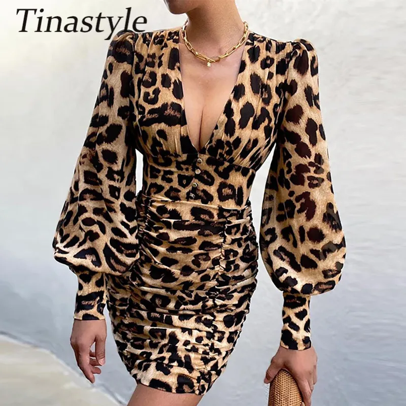 

Tinastyle Leopard Print Sexy Puff Sleeve Autumn Dress 2021 Deep V Neck Puff Sleeve Bodycon Mini Dress White Casual Winter Dress