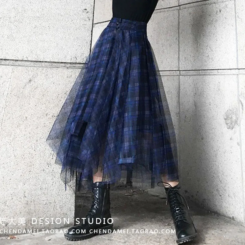 

Юбка-миди Женская, асимметричная, синяя, сетчатая, трапециевидная, летняя, 2020