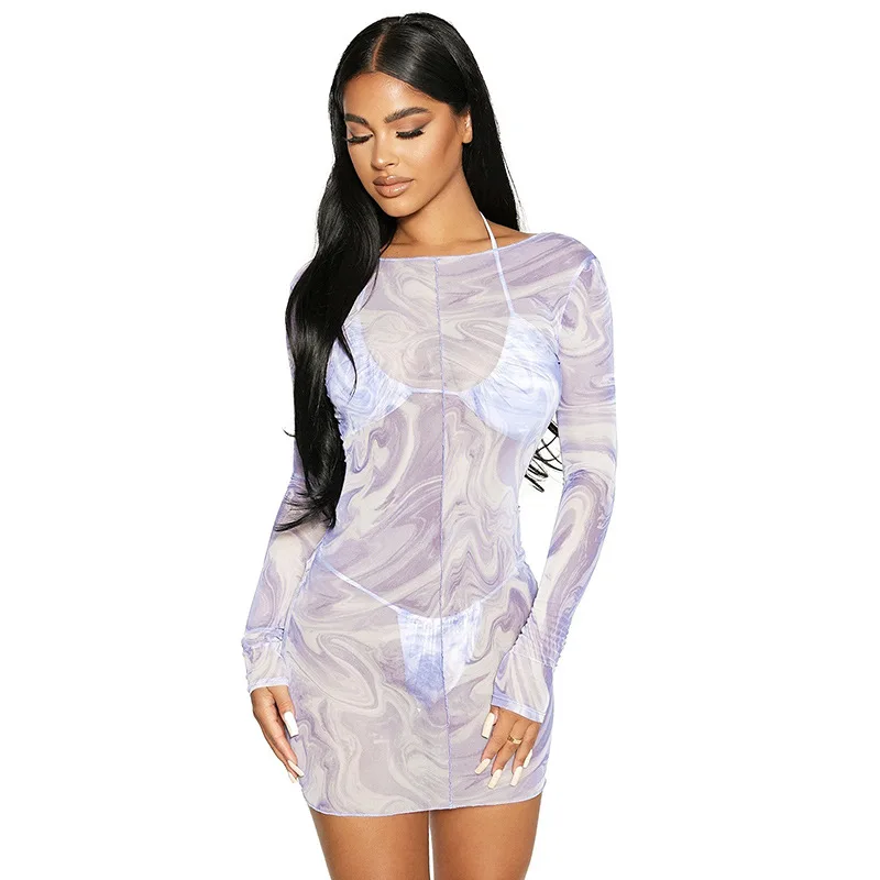 

CIBBAR Paisley Print Three Two Piece Set Women Sexy Mesh See Through Long Sleeve Backless Bandage Slim Clubwear Female Clothing