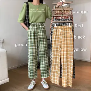 Брюки женские летние, широкие, в клетку, с высокой талией, с карманами