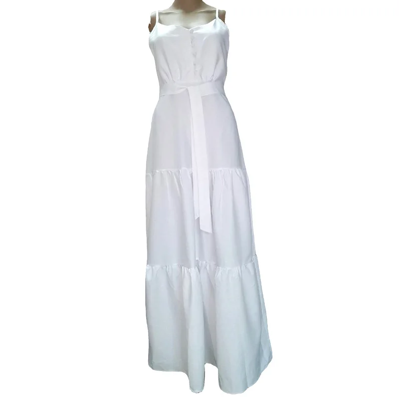 

2021 European and American summer solid color new women's sling dress personalized button V-neck stitching