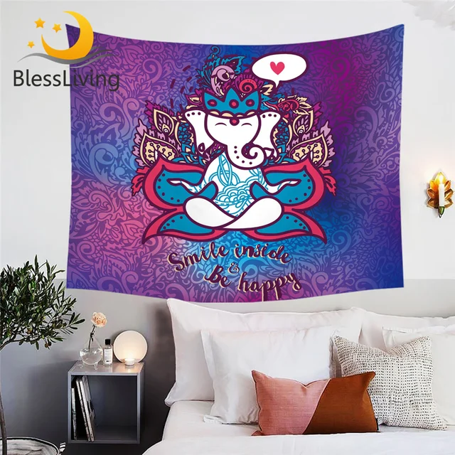 BlessLiving Cartoon Elephant Wall Carpet Boho Mandala Tapestry God Symbol Wall Hanging Purple Blue Pink Ethnic Bedspreads Tapiz 1