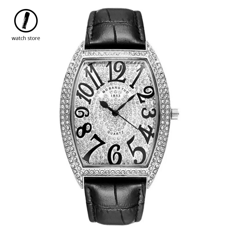 

Full Diamond Big Dial Men's Watch Unisex Square Ladies Watch Luxury Brand Fashion Rhinestone Leather Relogio Masculino Women Man