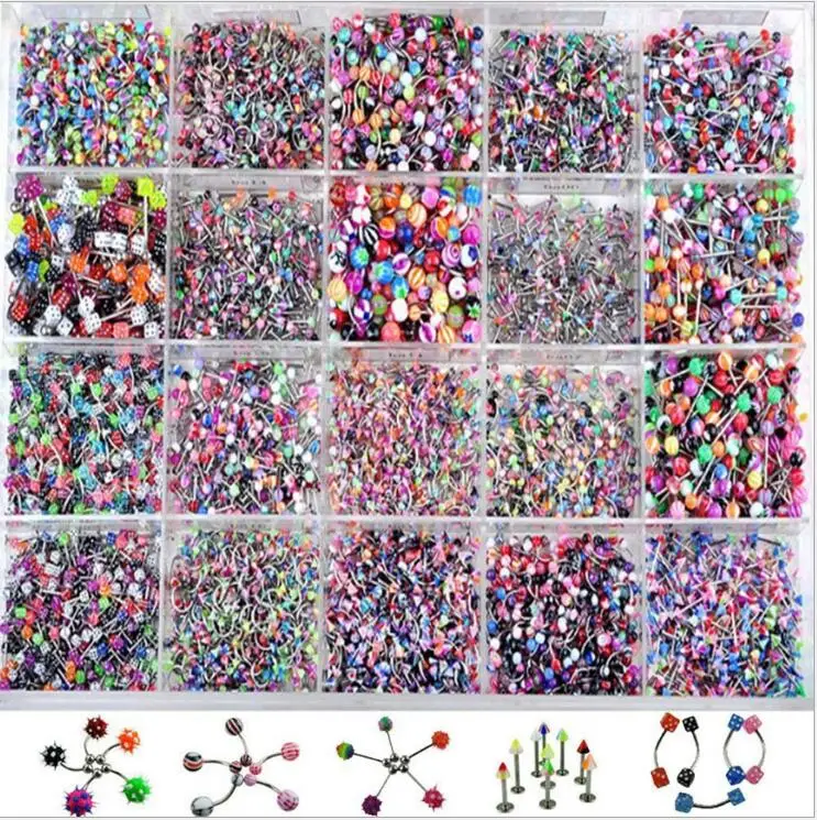 Кольца акриловые с шипами/шариками для пирсинга пупка бровей губ языка носа 110 шт.