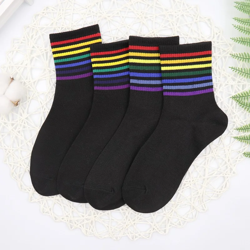 2 pairs 2 пары, женские модные носки с радугой, зимние женские носки, хлопковые носки с радужными полосками, модные теплые Повседневные носки для девочек в стиле Харадзюку - Color: 2 pairs