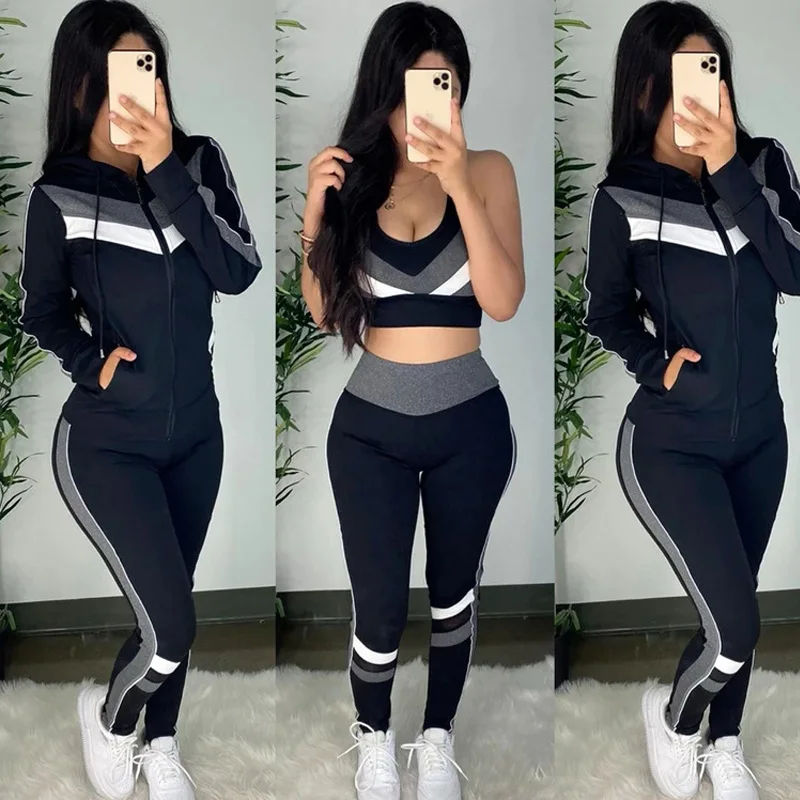 

New Trendy Autumn Winter Women three piece set Colorblock Crop Top & High Waist Pants & Hooded Coat Set