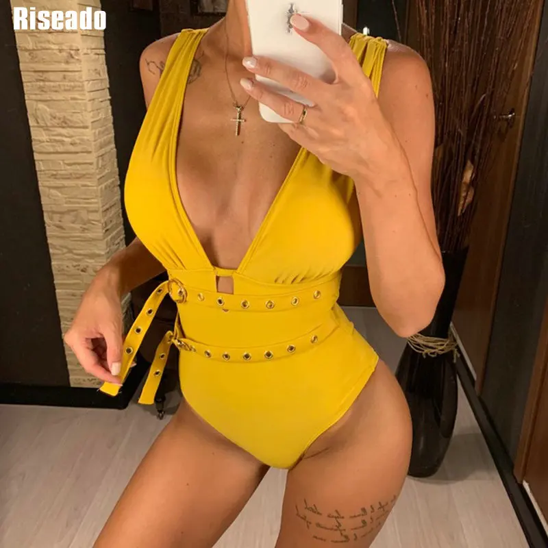 

Riseado Plunging Sexy One Piece Swimsuits Belted Swimwear Women 2021 Yellow Bathing Suits Backless Bodysuit Summer Swim Suit