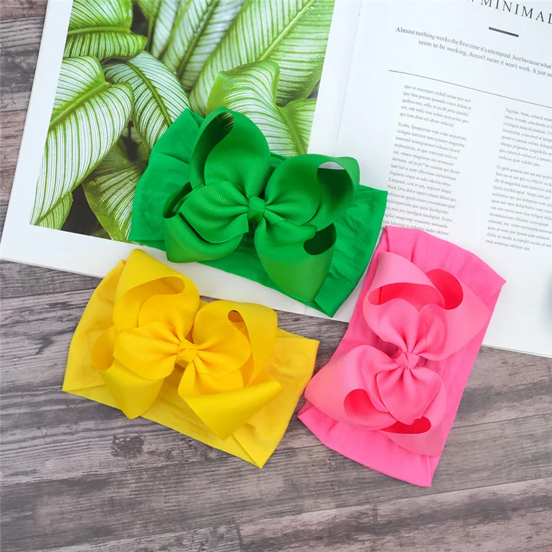 Нейлоновая Эластичная головная повязка для новорожденных с бантом из ленты на