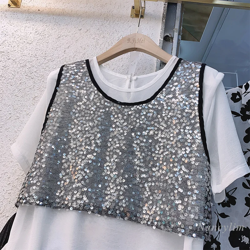Pull en mousseline de soie à manches courtes pour femmes, gilet brodé à paillettes, haut d'extérieur, deux pièces, été, 2021