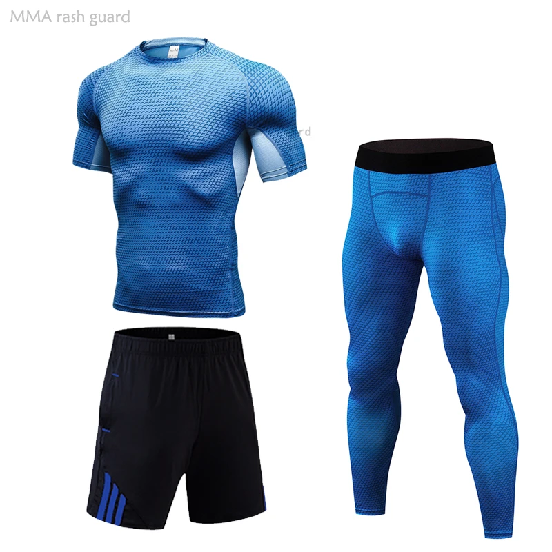

Summer Men's Short T-shirt Fitness Tights Sports Polyester Lycra Tracksuit Men Workout Clothing MMA Jogging 3-piece Running Set