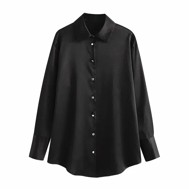 

Merodi Chic Lady Casual Turn-Down Collar Long Sleeve Black Satin Shirts Womens Summer Fashion Bright Button Long Blouse Tops