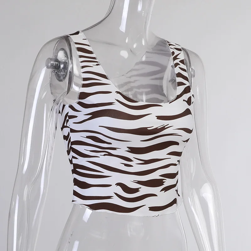 

QuanRun Sexy Women Zebra Print Square Neck Sleeveless Breathable Crop Top Bodycon Casual Vest Fitness Streetwear 2021 Summer