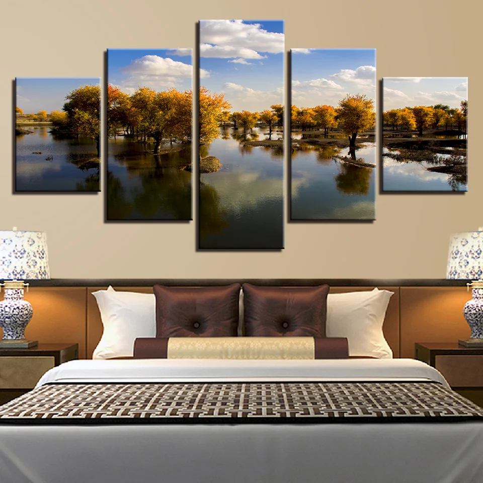 

Decor Living Room HD Printed Wall Art Canvas Painting 5 Pieces Tree Lake Blue Sky Landscape Pictures Modular Framework Poster